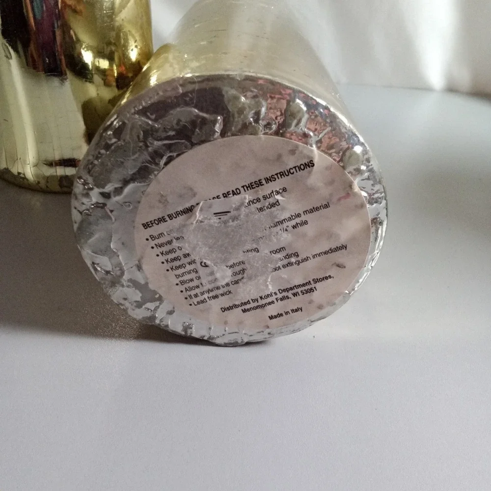 Kohl's Gold Metallic Pillar Candles Set of 2 Made in Italy 8 Inch Lead Free Wick